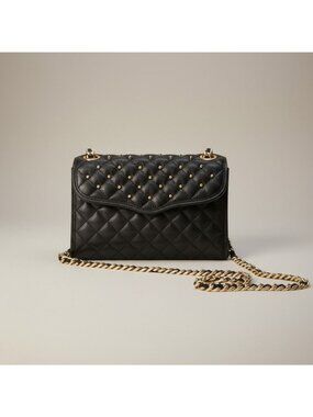 Rebecca Minkoff Quilted Black Leather Crossbody Bag With Gold Chain Strap & Blue